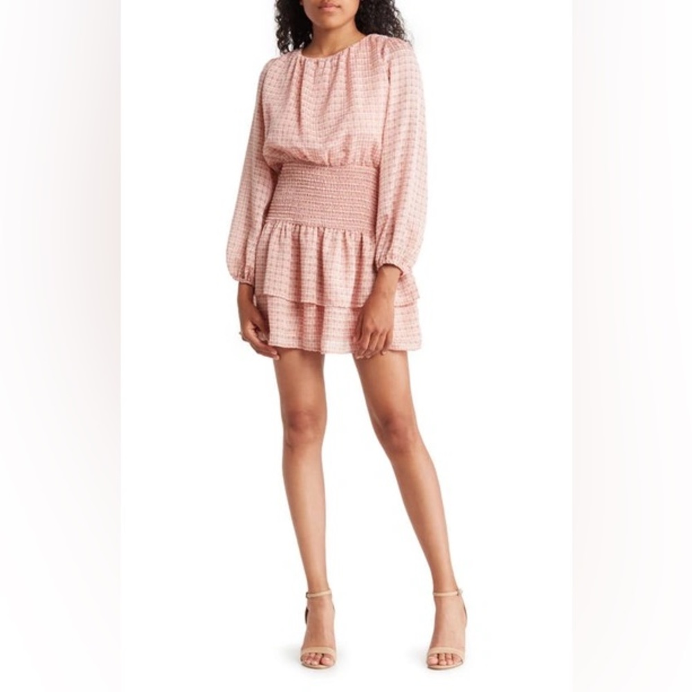 New With Tags NSR Long Sleeve Smocked Mini Dress Pink Plaid Size Small
